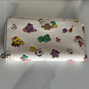 Coach White Pebble Leather Zip Wallet with Colorful Floral Print